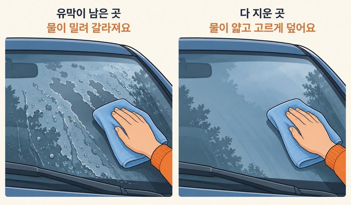 일러스트: 물 적신 하늘색 수건으로 앞유리를 닦는 손. 왼쪽 유리는 물이 밀려 조각조각 갈라지고, 오른쪽 유리는 물이 얇고 고르게 덮였다. 위에 '유막이 남은 곳, 물이 밀려 갈라져요'와 '다 지운 곳, 물이 얇고 고르게 덮어요'라고 적힌 그림