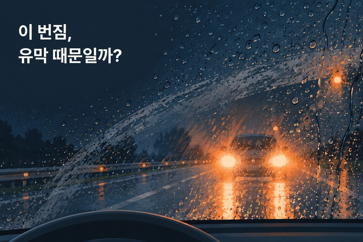 일러스트: 비 오는 밤 운전석에서 본 앞유리. 맞은편 차 불빛이 유리 위 빗물에 번져 퍼지고, 와이퍼가 지나간 자리도 뿌옇게 남은 장면. 왼쪽 위에 이 번짐이 유막 때문인지 묻는 글