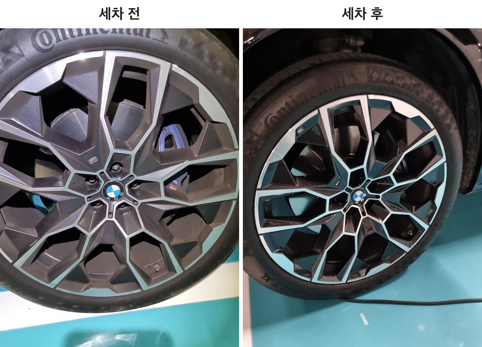 카라멜 작업 예시: BMW X7 휠 세차 전후 비교. 왼쪽 세차 전은 휠이 뿌옇고 탁하고, 오른쪽은 브레이크 분진이 빠져 은색이 선명해진 세차 후 휠