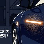 일러스트: 형광등 빛이 비친 어두운 차 문 주변에 거미줄 모양 흠집이 드러나고, 왼쪽에 이 스크래치를 누가 냈는지 묻는 문구