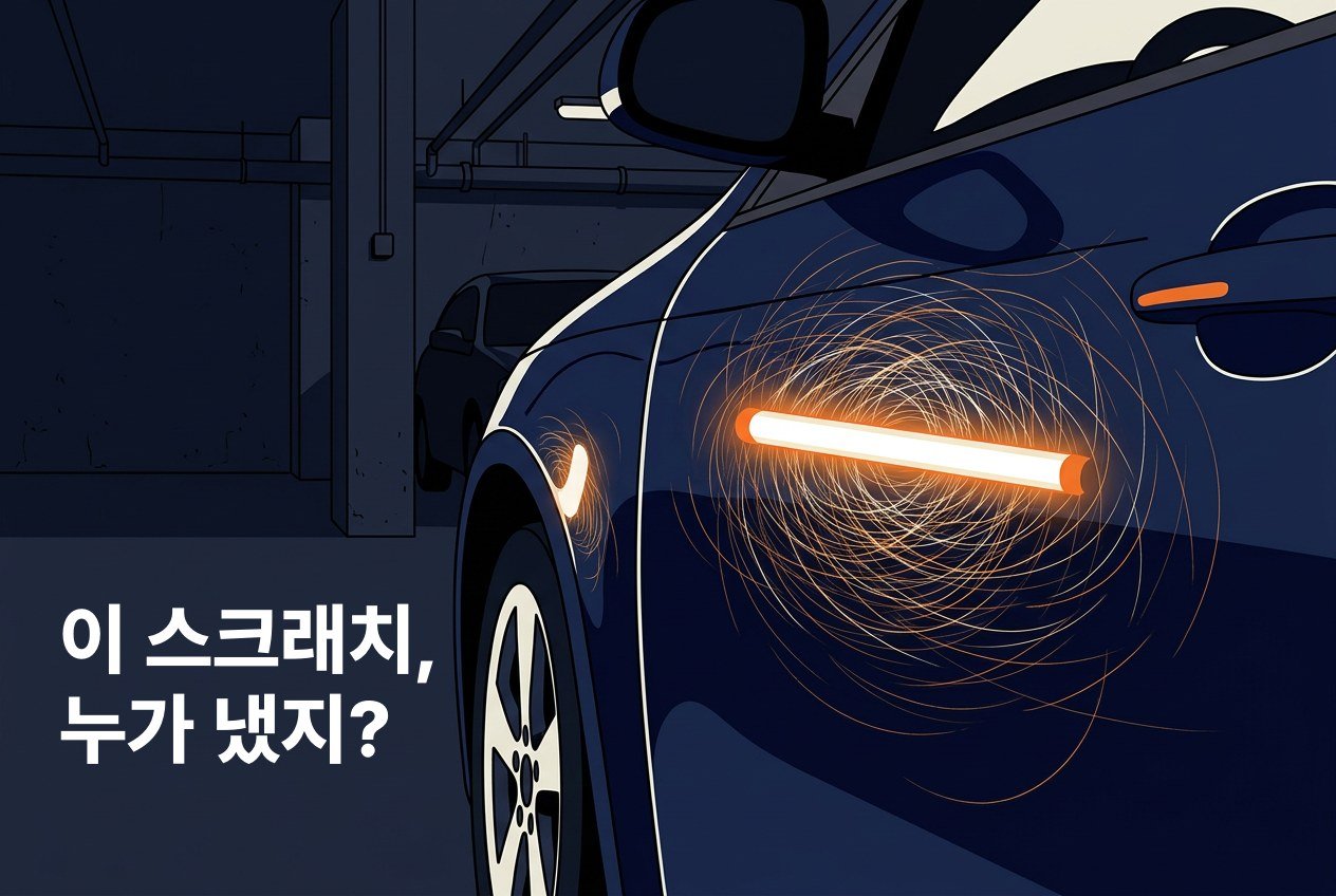 일러스트: 형광등 빛이 비친 어두운 차 문 주변에 스월마크가 드러나고, 왼쪽에 이 스크래치를 누가 냈는지 묻는 글