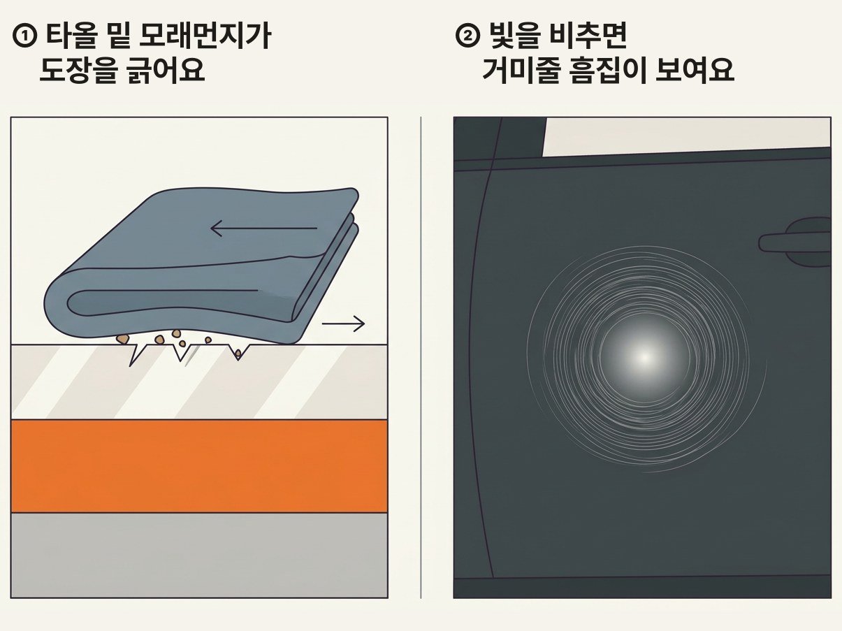 일러스트: 왼쪽은 타올 밑 모래먼지가 끌리며 도장을 긁는 그림, 오른쪽은 빛을 비춘 차 문에 스월마크가 보이는 그림
